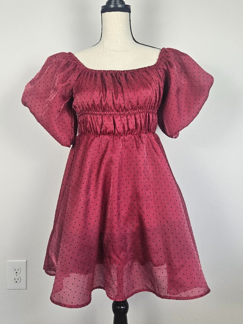 Francesca's Mi Ami Women's Medium Red Black Polka Dot Mini Dress Puff Sleeves